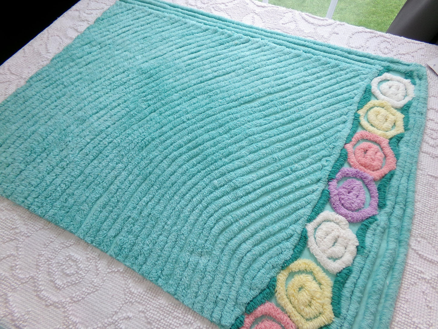 vintage plush aqua chenille fabric, rainbow lollipop roses design, 19" x 24" piece of sewing material