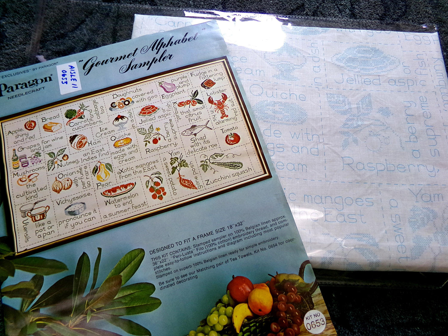 Fun Foodie GOURMET ALPHABET SAMPLER, Vintage Paragon Needlecraft Kitschy Kitchen Embroidery Stitchery Kit #0653, Large Size