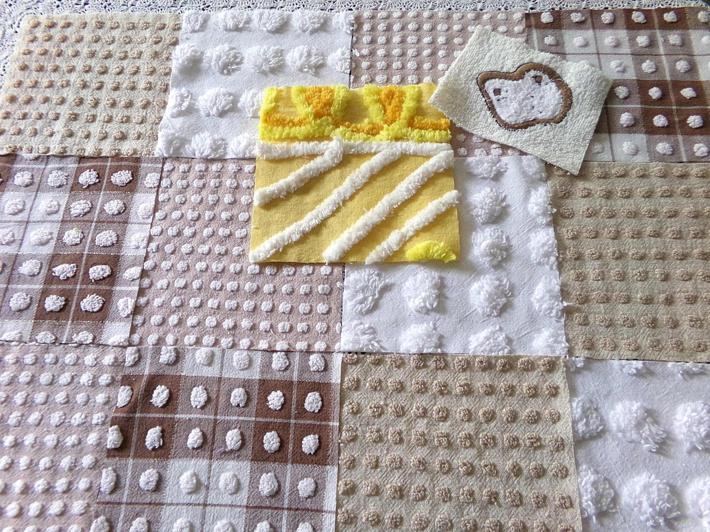 Breakfast Time Novelty Chenille Fabric Squares Set, 16 Vintage Quilt Blocks, 6" x 6" inches each, for Quilting, Sewing, DIY Pillows