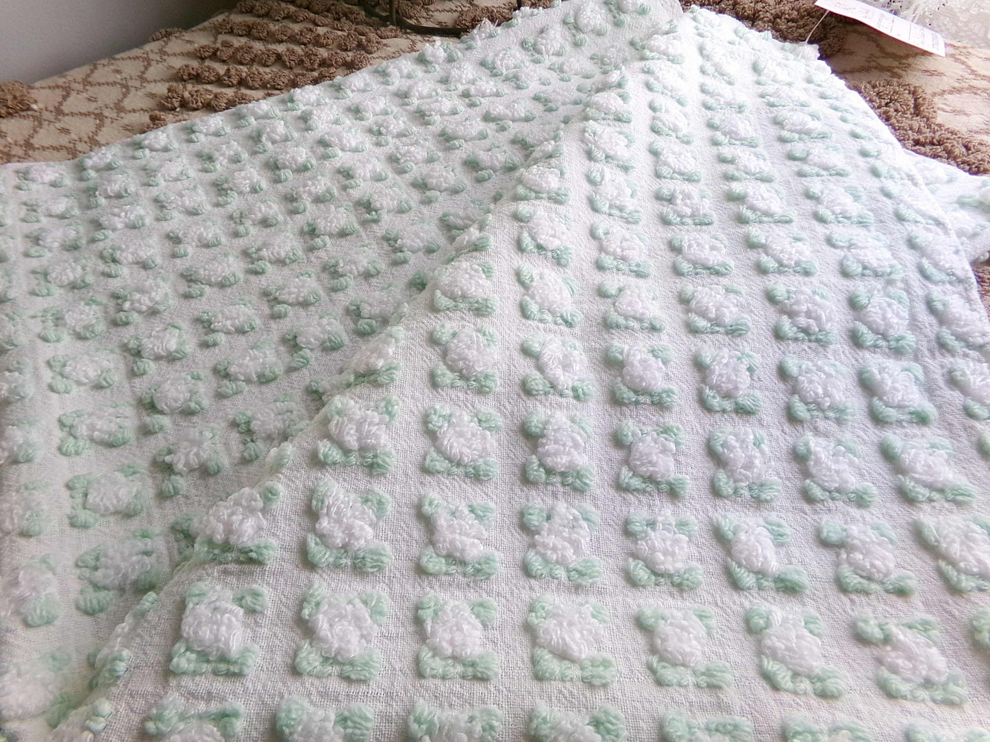 Plump White Rosebuds Vintage Chenille Fabric, 19" x 25" Piece, Beautiful Roses with Mint Green Leaves