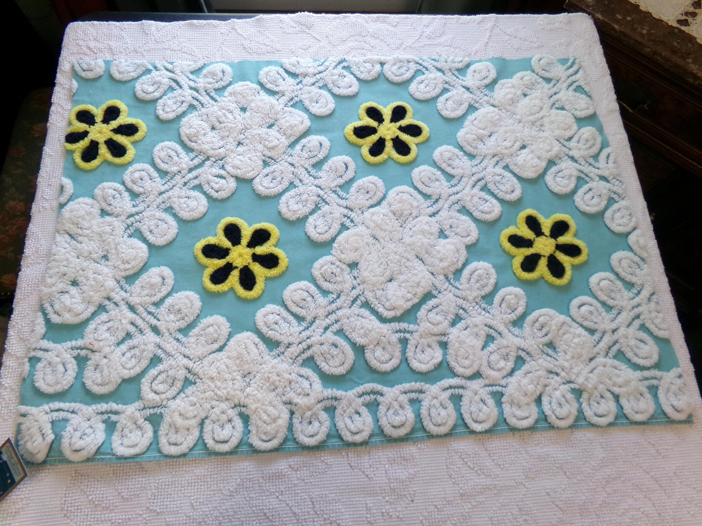beach chic vintage chenille fabric, bubble white, seaglass blue, 21" x 30" piece of cotton sewing material for crafts, quilts, pillows