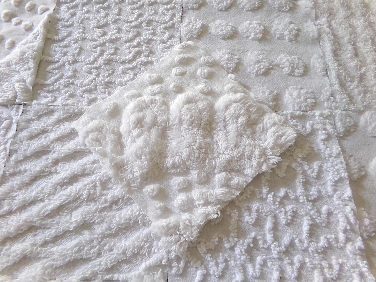 snow day white chenille fabric squares, 16 vintage 6" x 6" quilt blocks, pops, squiggles, diamond lattice & swirls