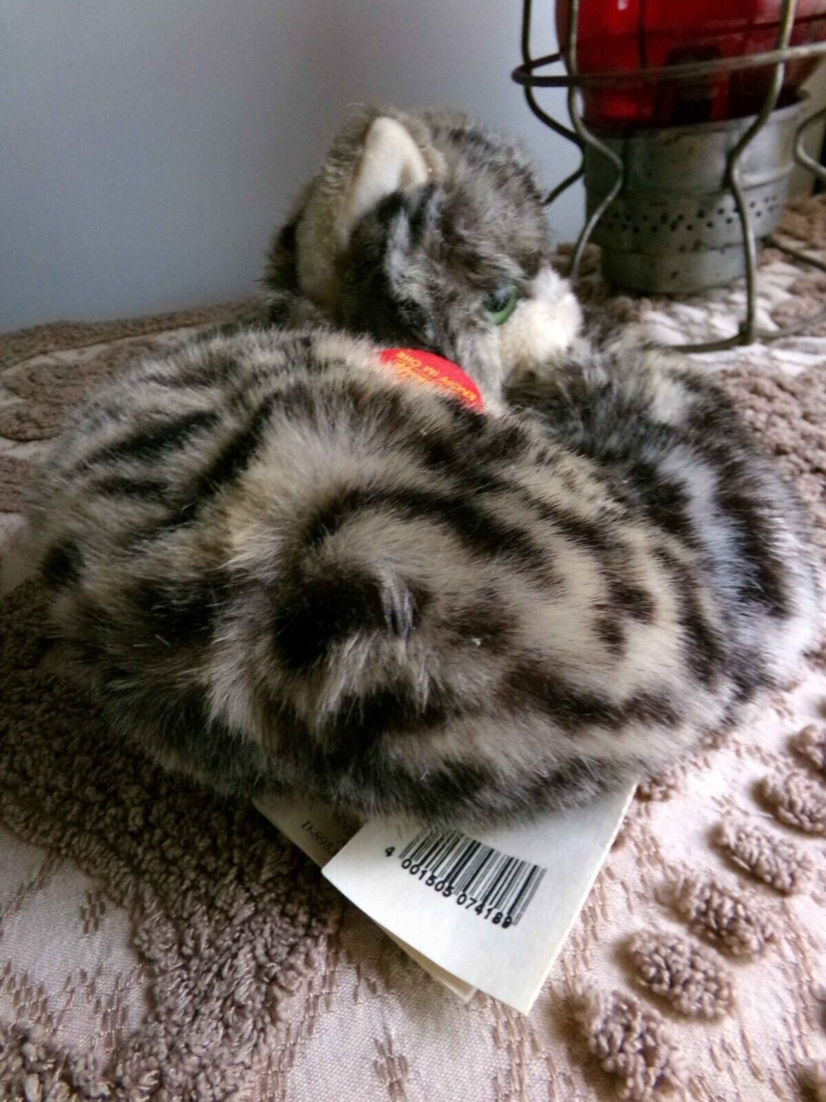 Vintage STEIFF Kitten Unique Curled Up Tabby Cat 074189 with Button, Tags
