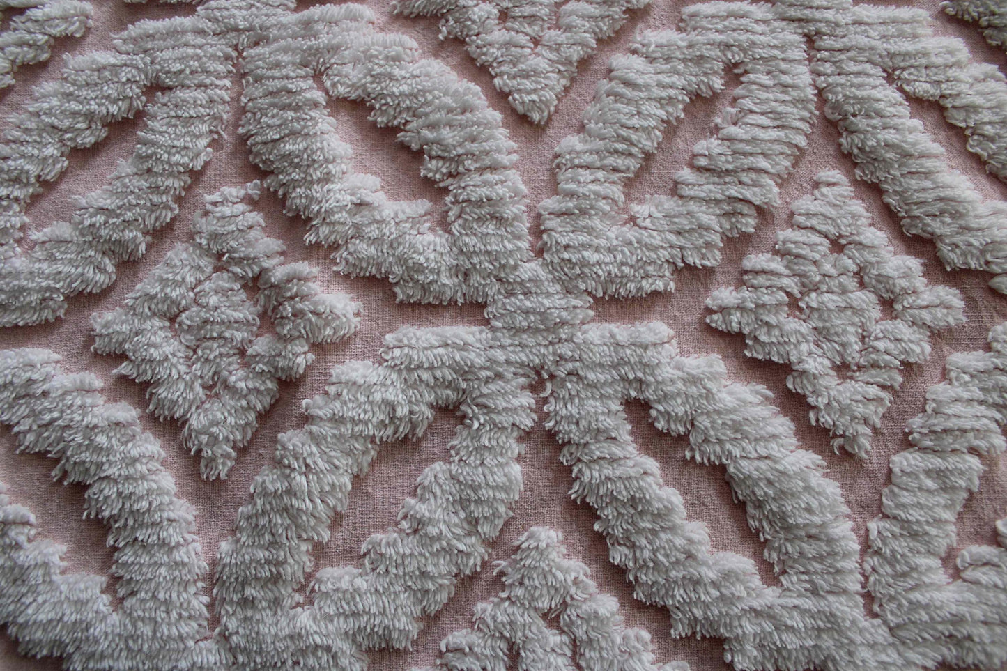 sculpted petals vintage chenille fabric, white tufting on cool pink, 20" x 25" inch piece, 100% cotton