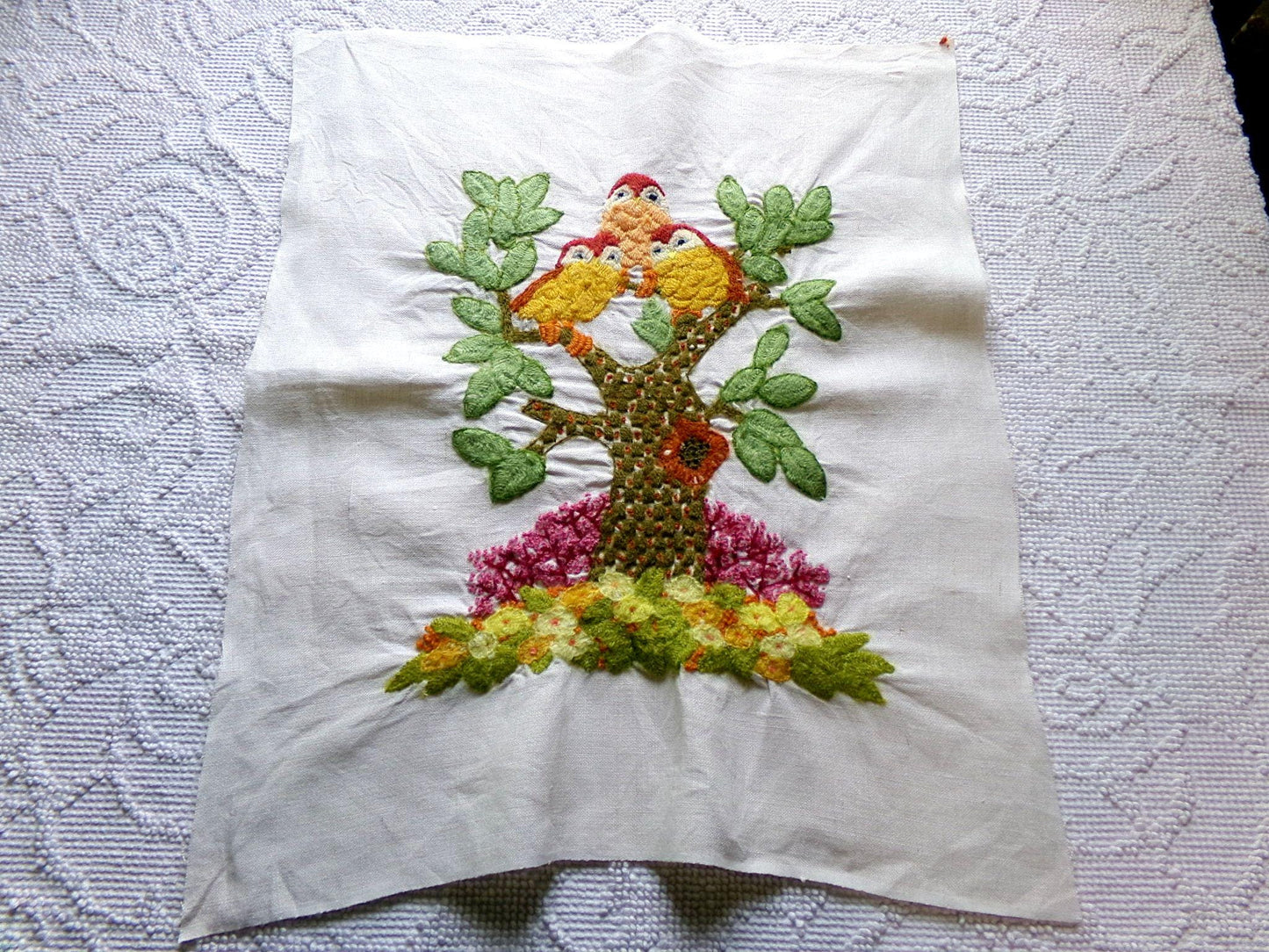 Hippie Fairytale Owl Embroidery Finished 1970s Piece, "Winkin, Blinkin & Nod," Cute Completed Paragon Crewel Stitchery 02236x, 16" x 19"