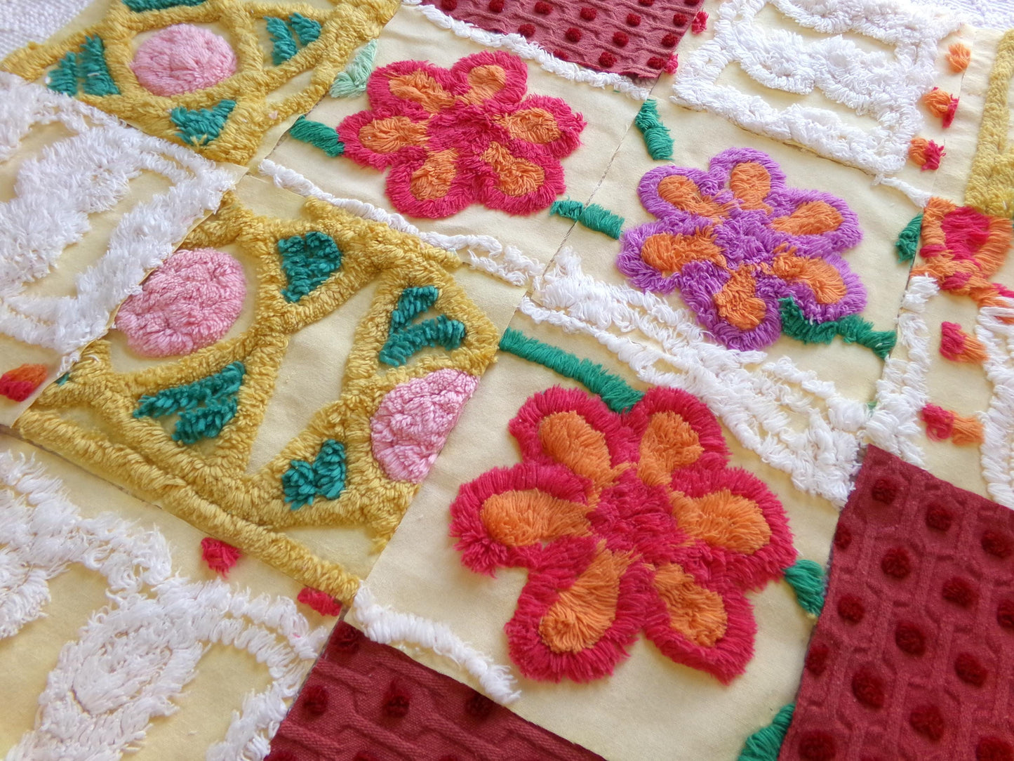16 vintage 6" chenille fabric squares, set of yellow red quilt blocks, roses & sunshine