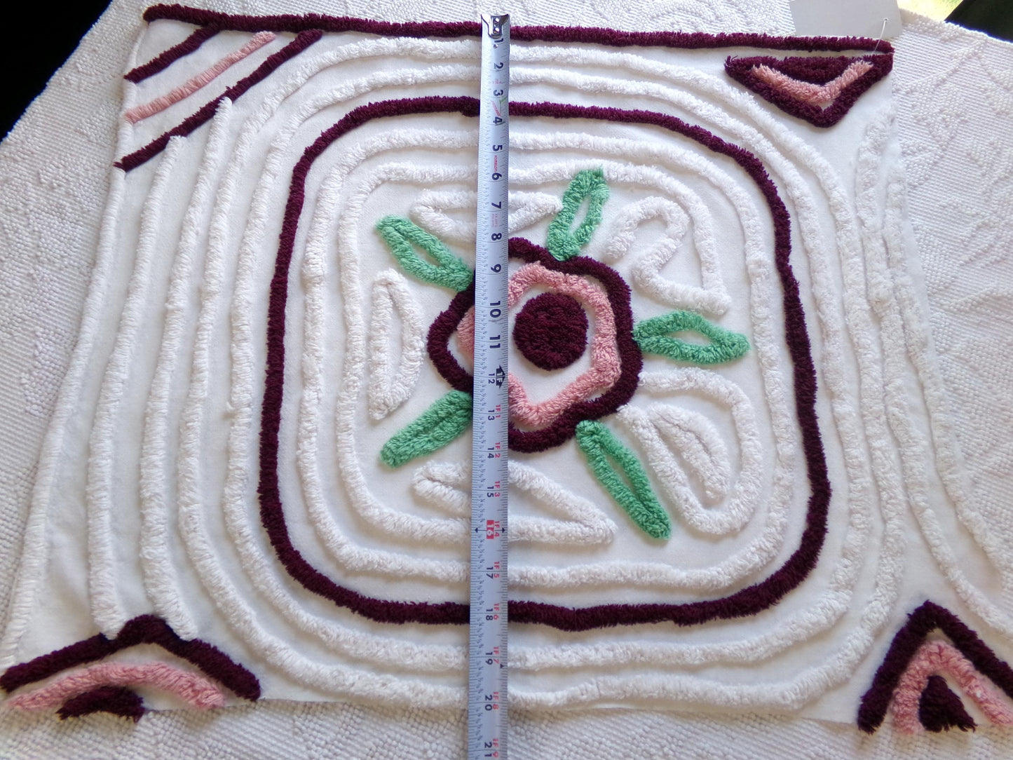 Rose Mauve Vintage Chenille Fabric, 19" x 23" Piece of Radiating Swirl White Cotton Sewing Material Upcycle into Pillows, Quilts