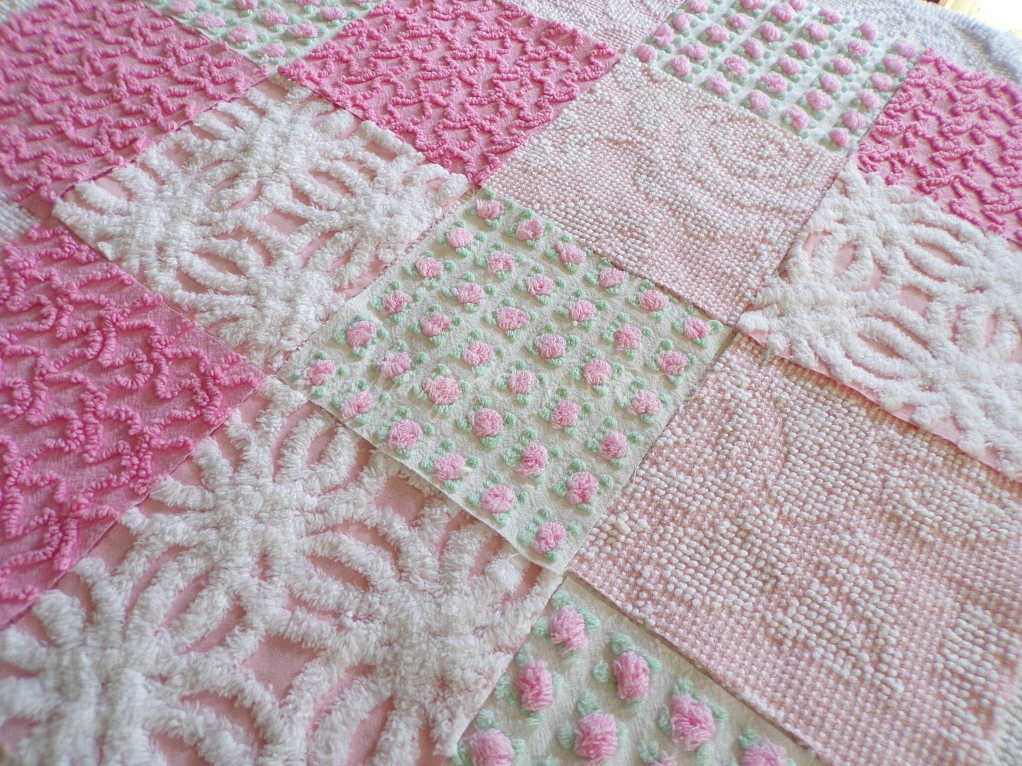 Must Love Pink Chenille Quilt Squares Set from Vintage Bedspread Fabric, 16 Blocks, 6" inch
