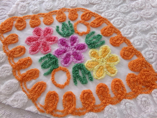 Vintage Chenille Bedspread Quilt Fabric Plush Citrus Orange Swirls & Flowers, 22" x 20" inch piece, Unique Design