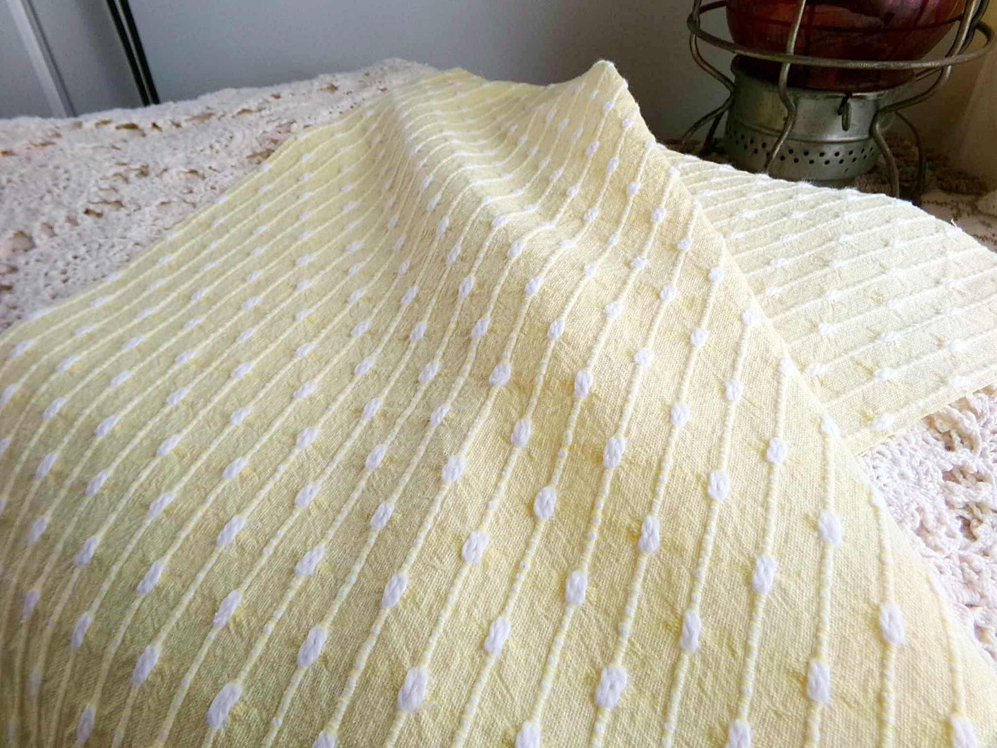Sunny Yellow Vintage Woven Fabric With Tiny White Chenille Pearl Tufts, Lightweight 20" x 14" Piece