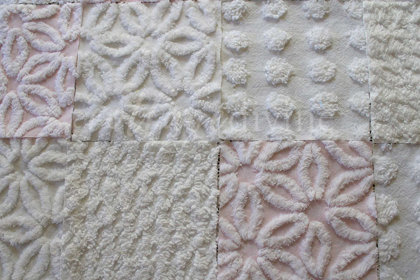 Baby's Breath Chenille Fabric Squares Set in White & Pink, Cut from Vintage Chenille Bedspread Material, 16 Blocks, 6" x 6" inch each