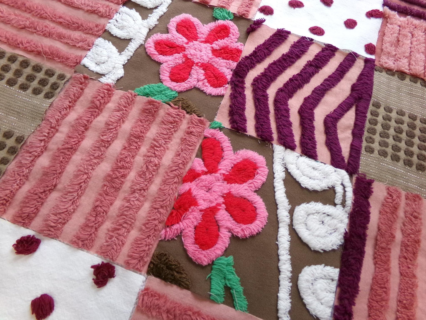 chocolate cake vintage chenille fabric squares, set of 16 yummy 6" craft blocks in brown & mauve pink for quilt inlays, pillows, fiber arts
