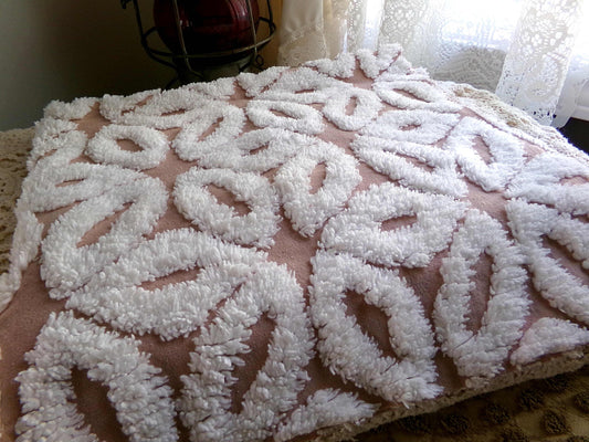 Mocha Daisy Vintage Chenille Fabric, 19" x 25"' inch piece, 100% Cotton, Big Fluffy White Daisies