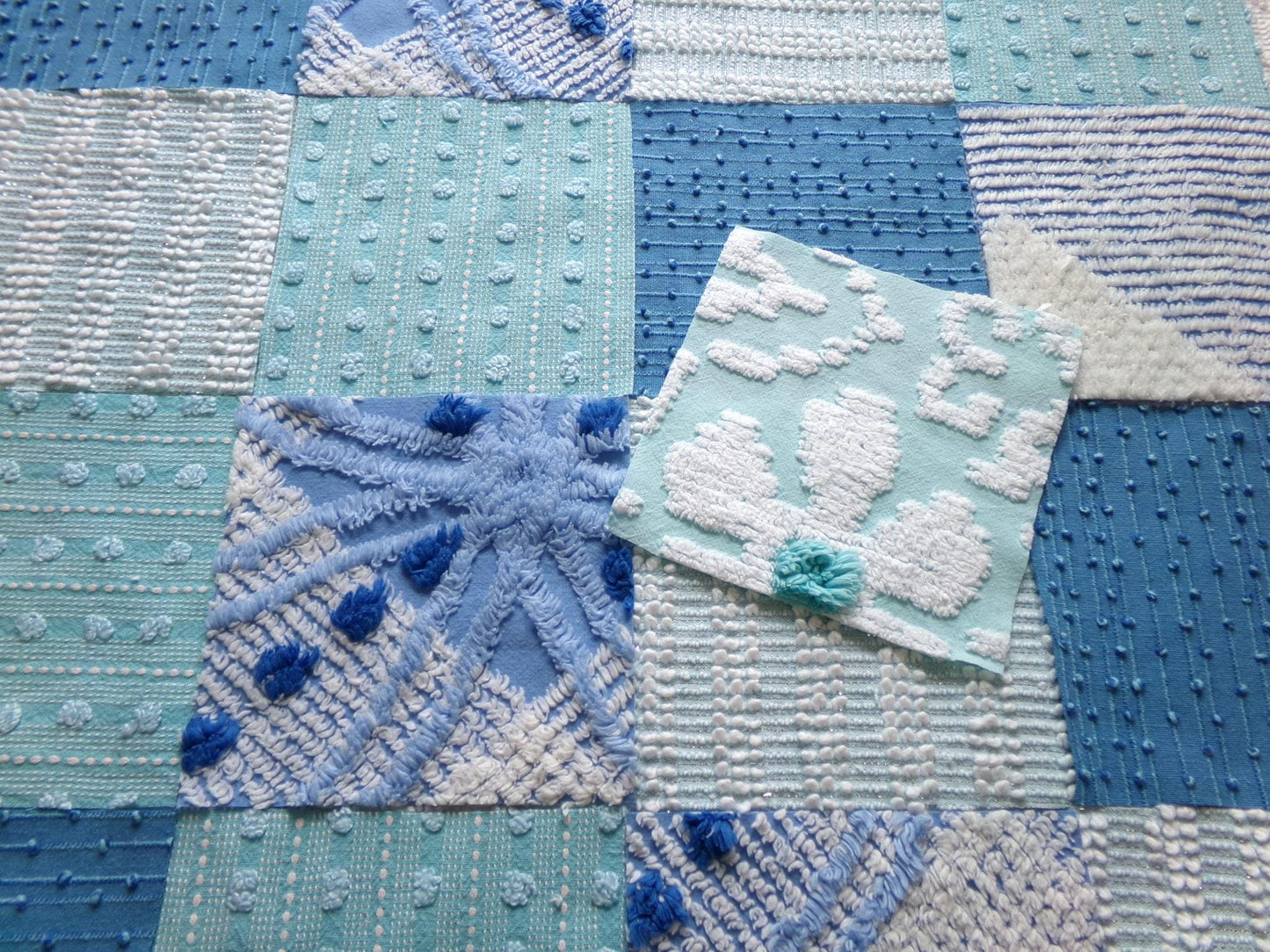 mermaid kisses chenille fabric squares, set of 17 vintage blue & aqua 6" craft blocks, chic designs for quilt inlays, pillows, fiber arts