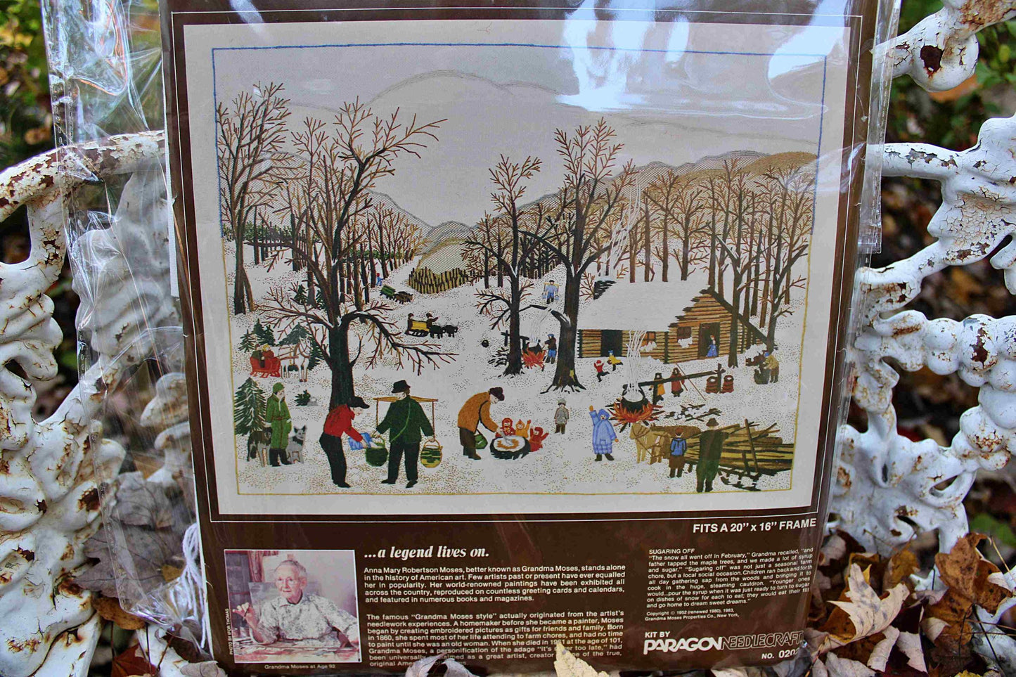 SUGARING OFF Crewel Stitchery Kit, Vintage Grandma Moses Design, Paragon Needlecraft Embroidery Kit # 0202 from 1983