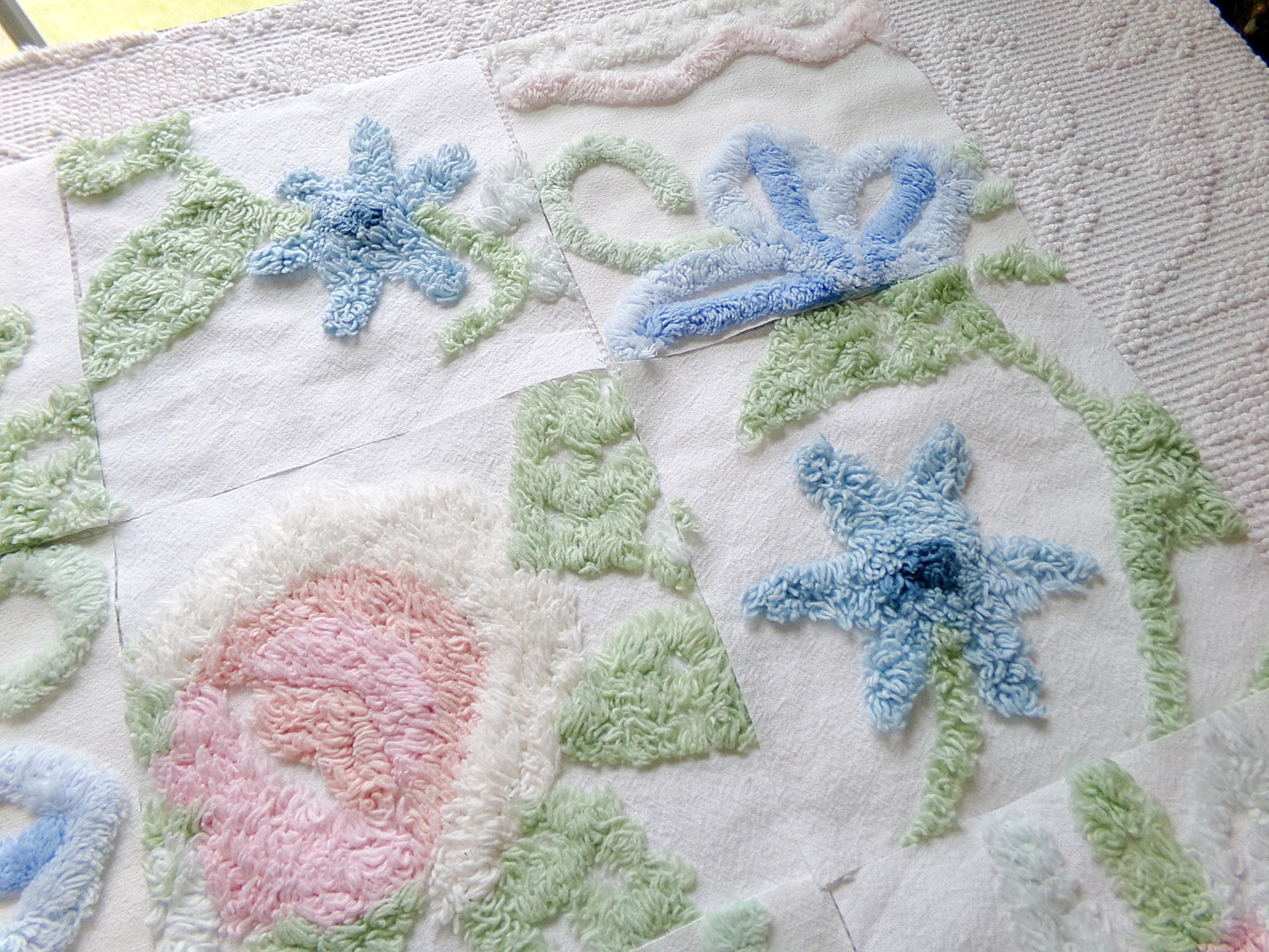 vintage chenille fabric squares, "garden club winner" set of 16 beautiful floral 6" quilt blocks for quilting, crafts, sewing
