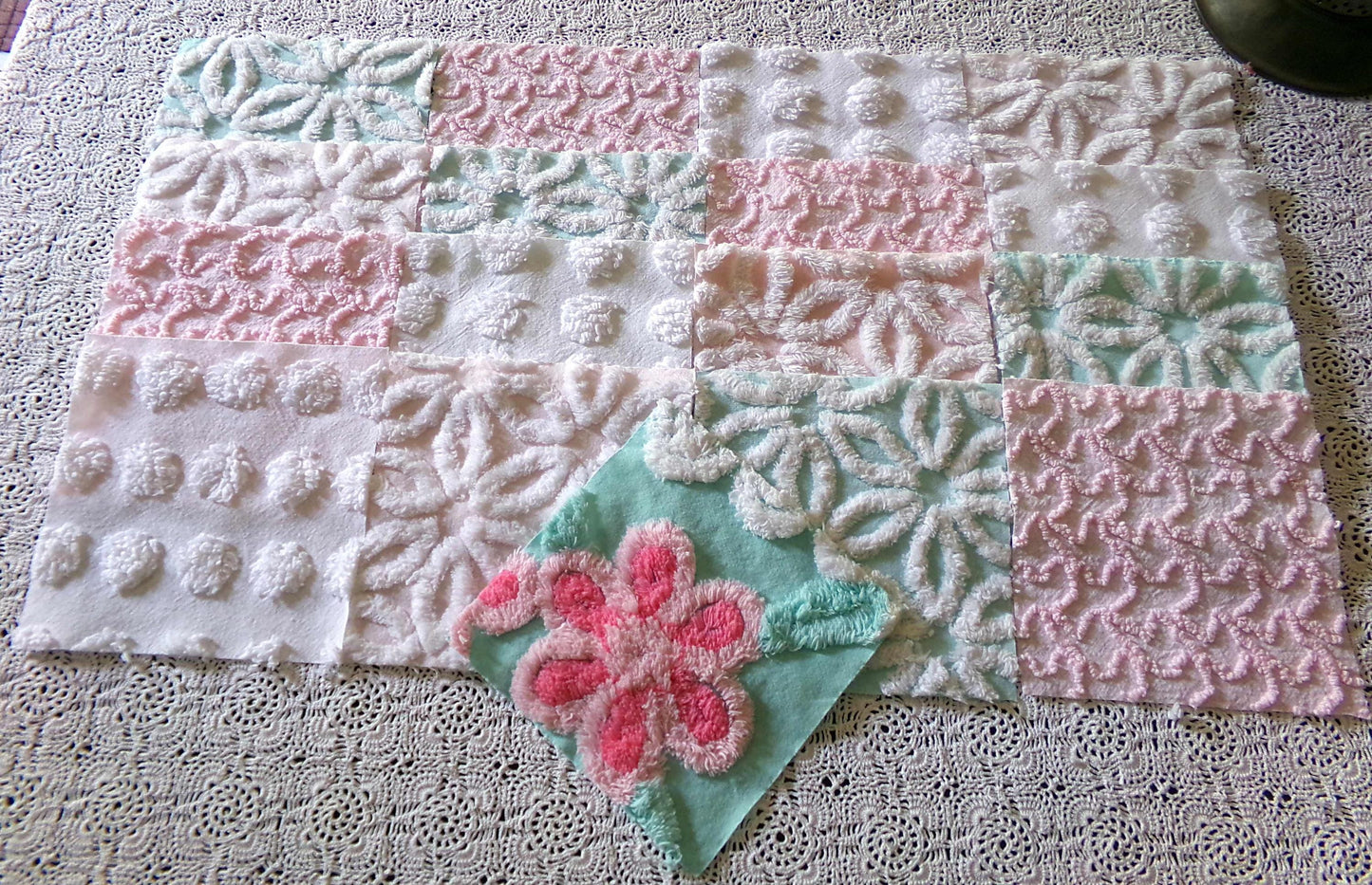 cottage chic 6" chenille squares, set of 17 aqua, pink & white quilt blocks cut from vintage chenille bedspread fabrics, daisies 'n dots