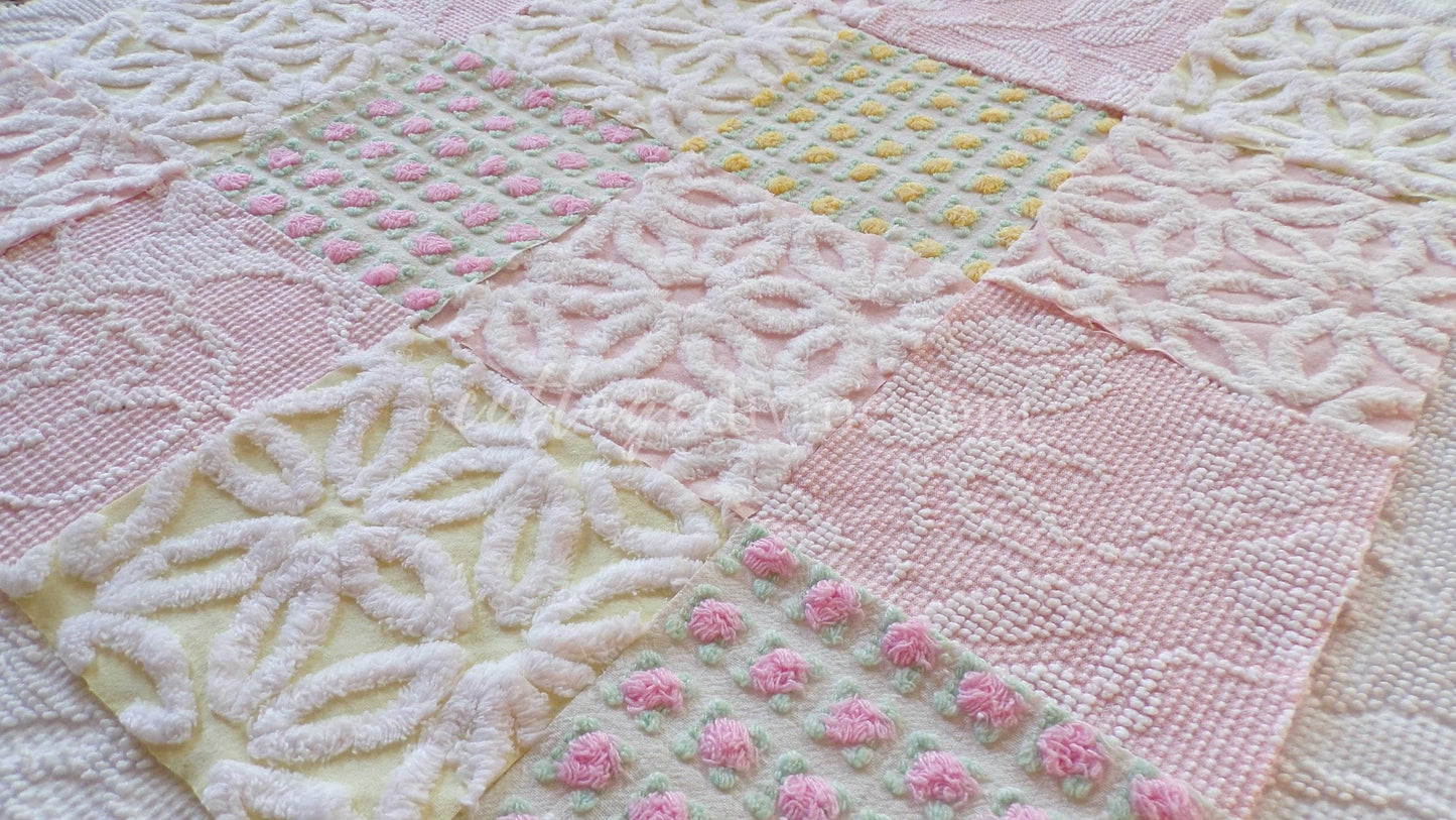 Chenille Fabric Squares Set, "Spring is in the Air", from Vintage Bedspread Fabrics, 16 Quilt Blocks, 6" inch, Cottage Pink, Yellow & White