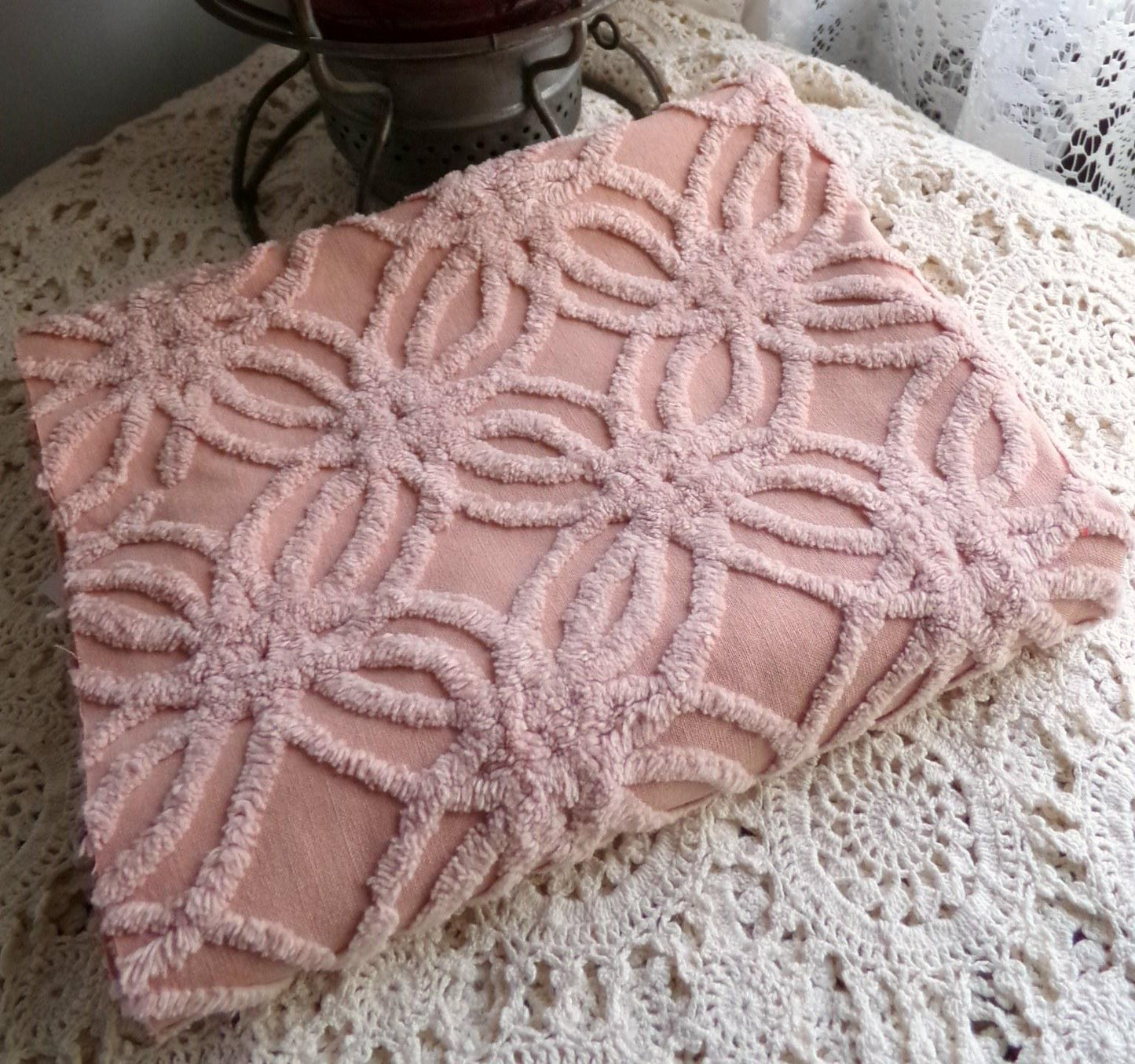 vintage chenille fabric, warm clay mauve geometric wedding ring design, 17" x 28" inch piece for sewing & crafts