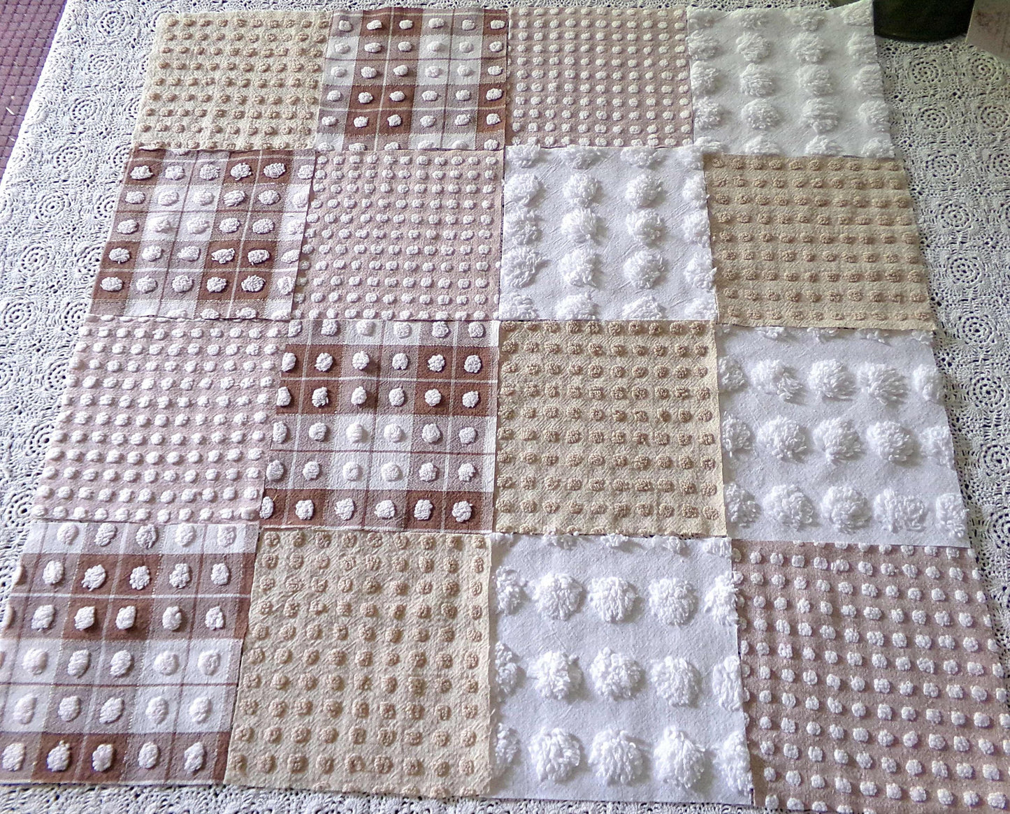 teddy bear browns chenille fabric squares, set of 16 vintage 6" quilt blocks for sewing, quilting, crafts in mocha, chocolate & white pops
