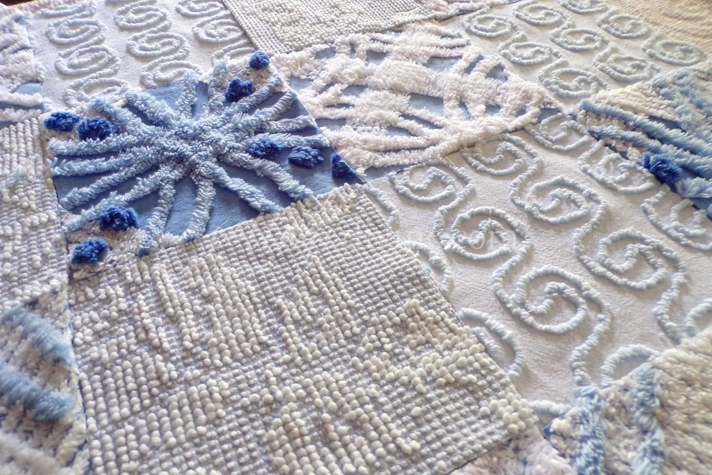 Boho Blues Fabric Squares Set, from Vintage Chenille Bedspread Fabrics, 16 Blocks, 6" x 6" inch