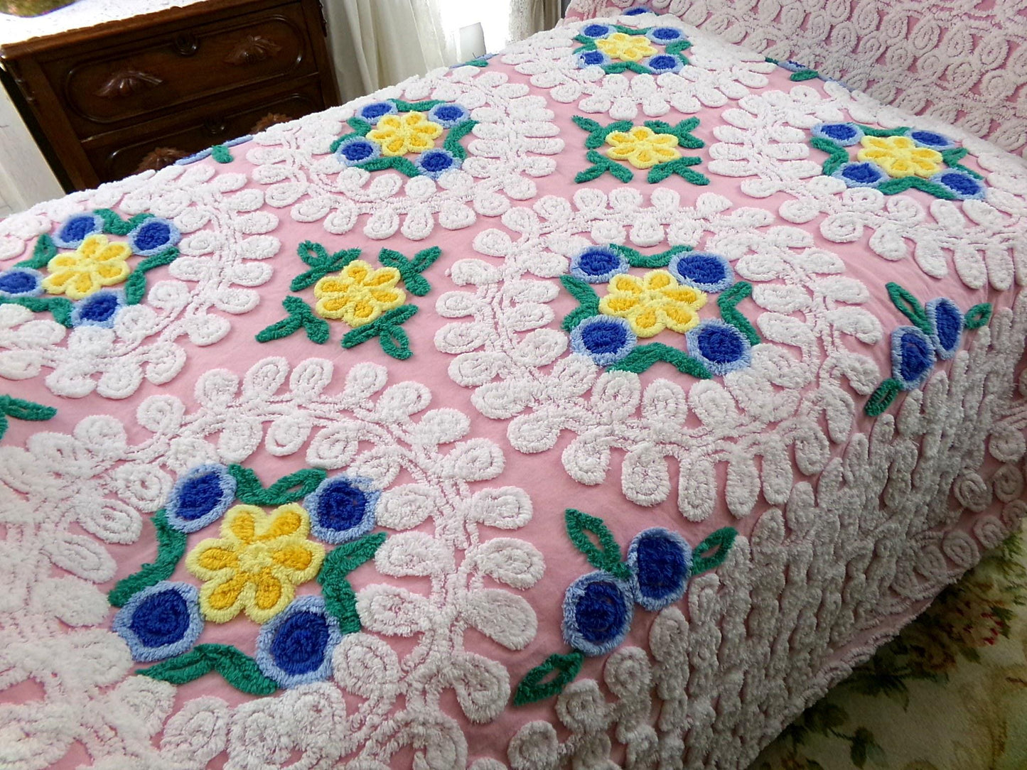 shabby plush pink vintage chenille bedspread, popular wedding cake florals, retro cottage glamour full size bedding