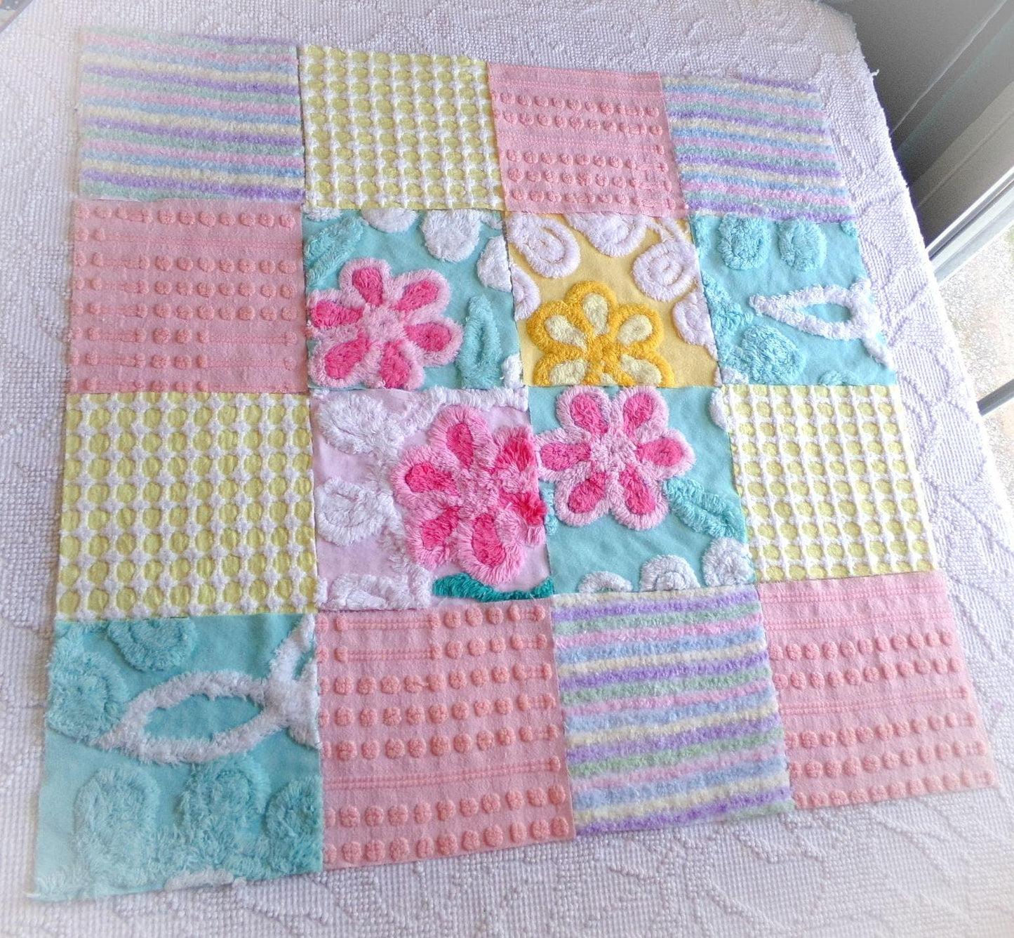 spring spirit chenille fabric squares, set of 16 pretty vintage pastel quilt blocks in rainbow pink, yellow, aqua florals & geometrics