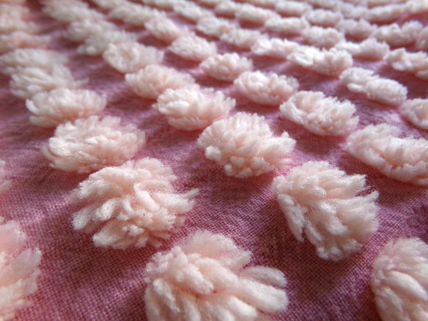 fluff puff pops chenille fabric, cute oversize bobbles on pink rose, 20" x 30" inch piece great for chenille quilts & sewing projects