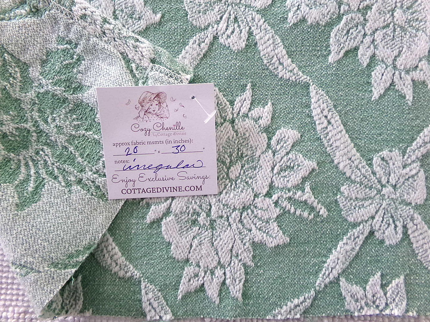 shabby cottage jade rose woven fabric, reversible sewing material from vintage bates bedspread, 20" x 30" piece for pillows, quilting