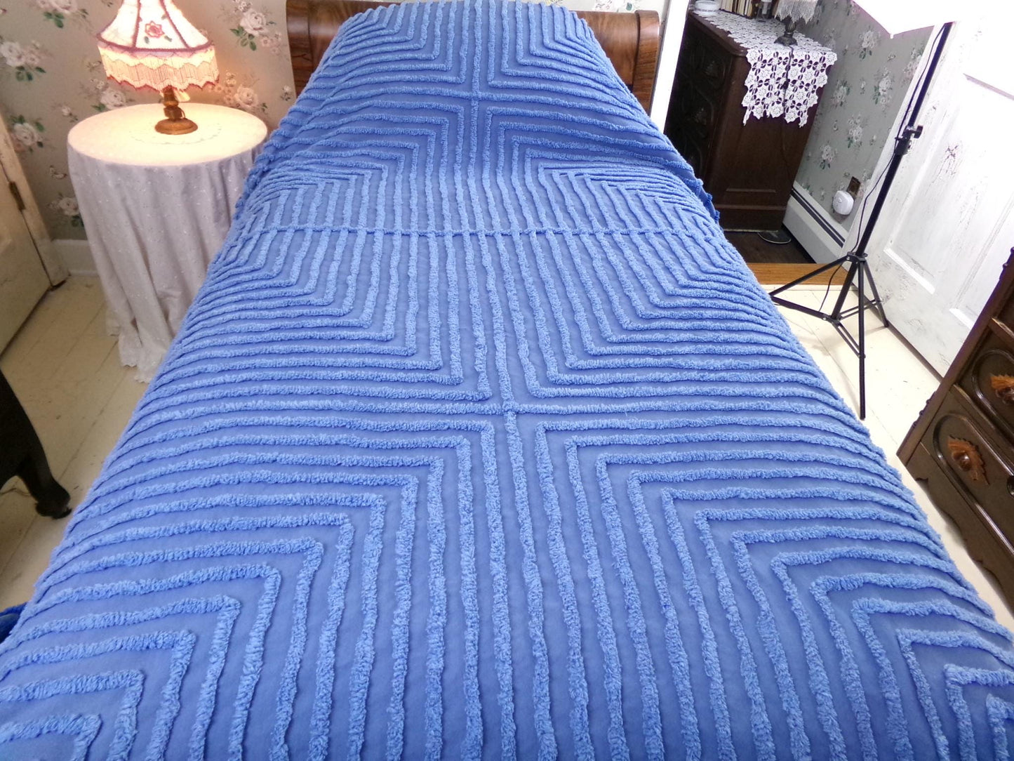 shabby sea nymph blue vintage chenille bedspread, coastal chic geometric design, full size cotton bedding