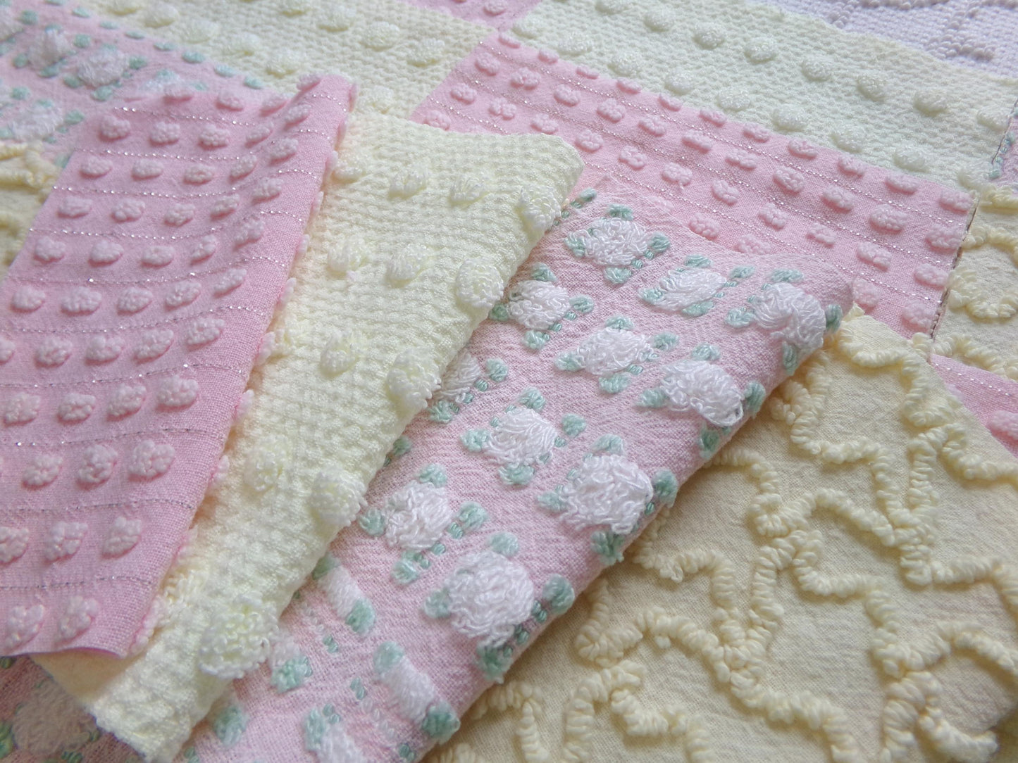 cheerful spring chenille fabric squares, set of 16 vintage pink & yellow quilt blocks 6" ea, rosebud, squiggles for crafts, quilting