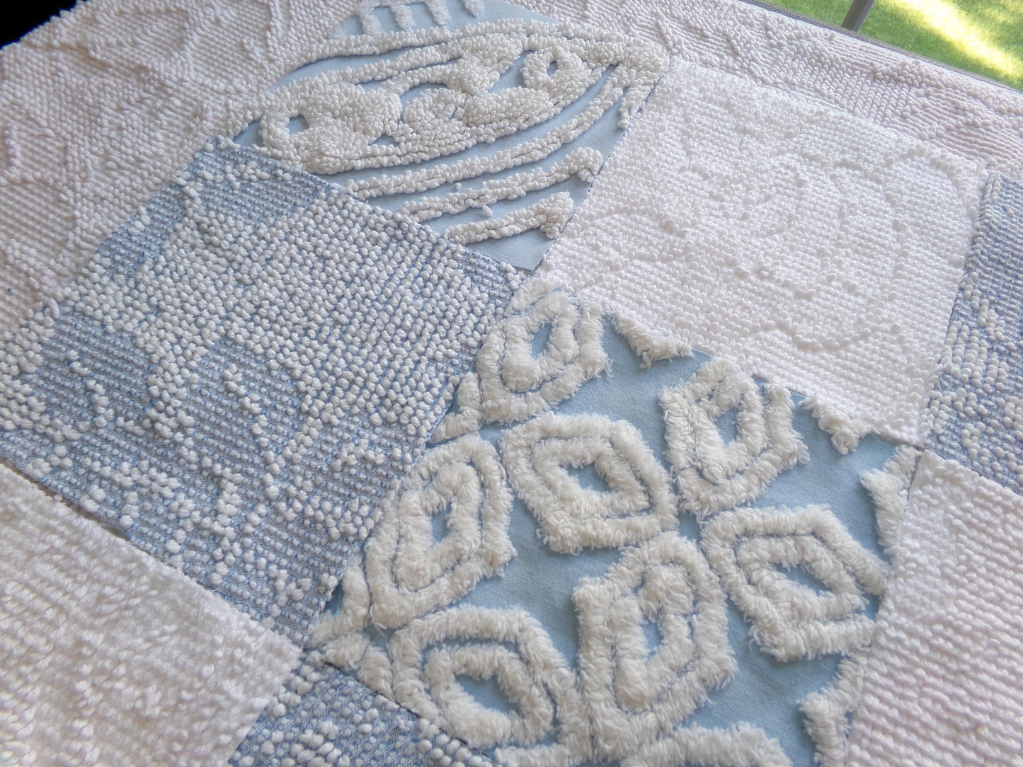 seaside serenity vintage chenille fabric squares, set of 16 blue & white 6" blocks for crafts, sewing