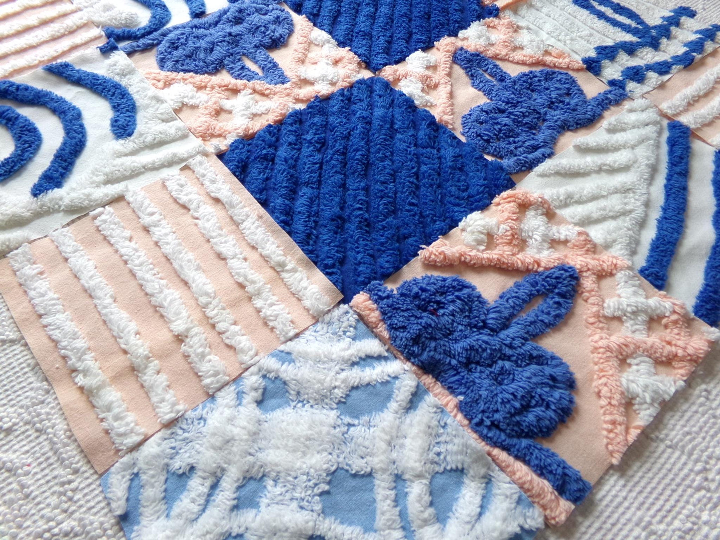 peach frost vintage chenille fabric squares, set of 16 peach & blue quilt blocks 6" ea, for fiber arts, sewing, quilting