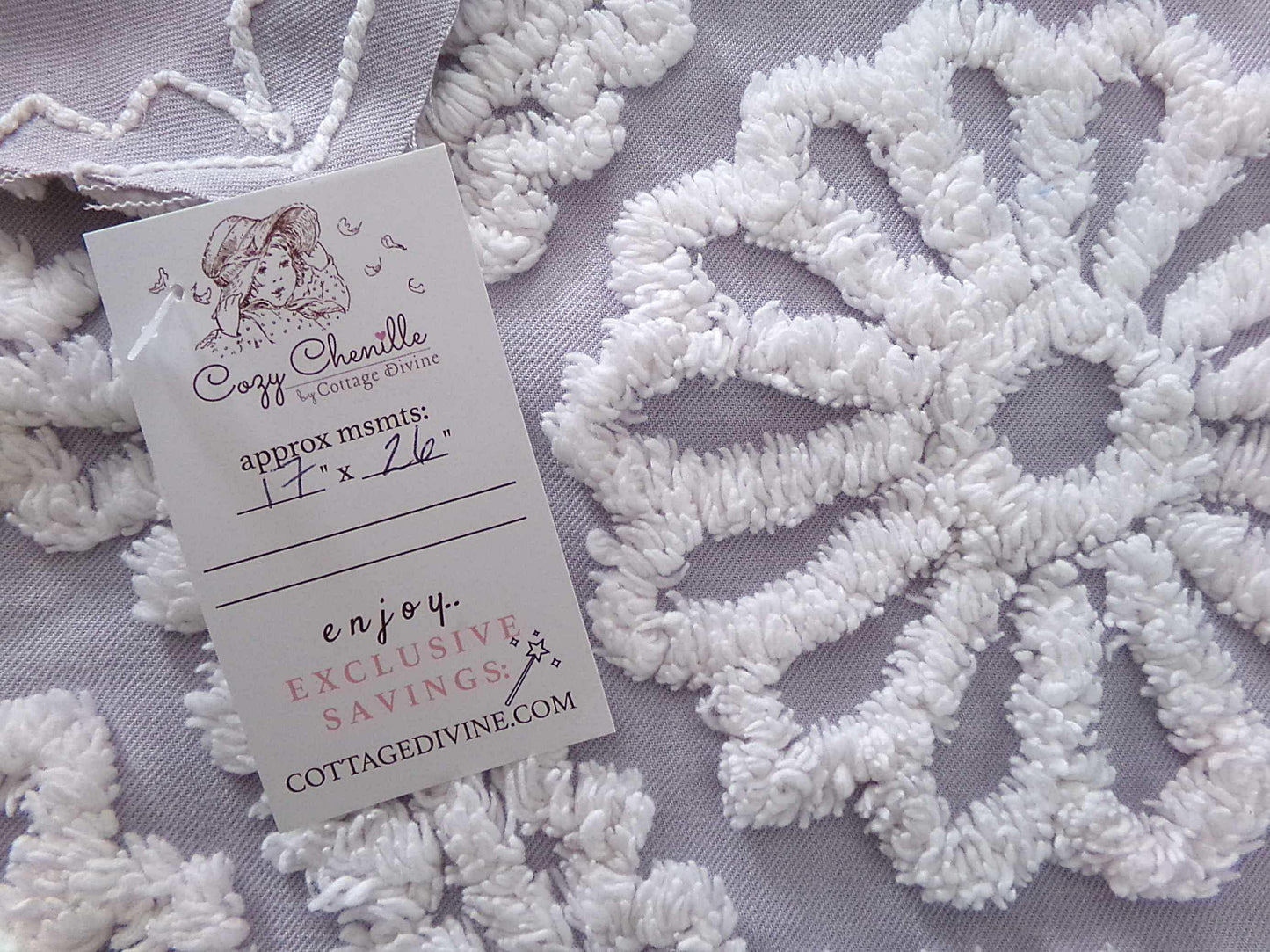 lavender mist cottage chic chenille fabric, plush white daisies, 17" x 26" piece of vintage sewing material for quilting, fiber arts