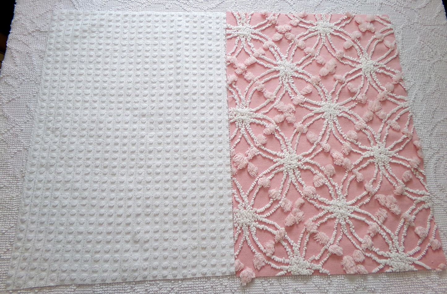 Vintage Chenille Fabric Bundle in Pink & White, 2 Pieces 12" x 18" each | Great Stash Builder for Fiber Arts, Crafting