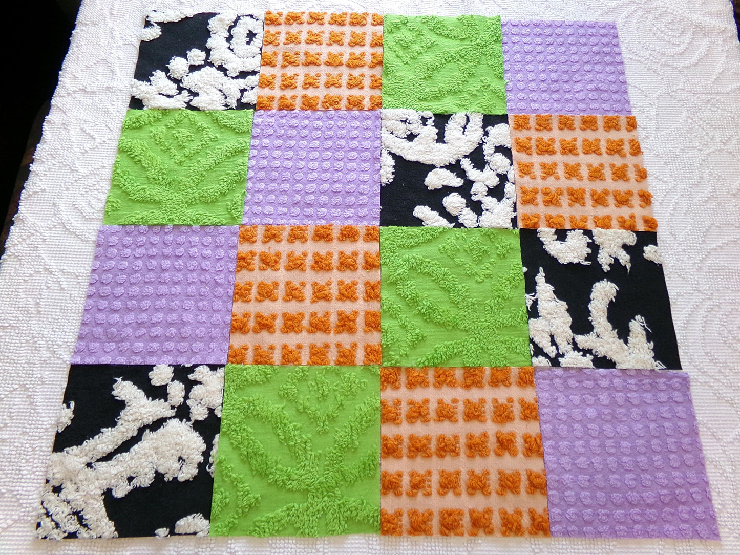 whimsical witch vintage chenille fabric squares, set of 16 playful 6" blocks for crafts, sewing in orange, black, green & lavender
