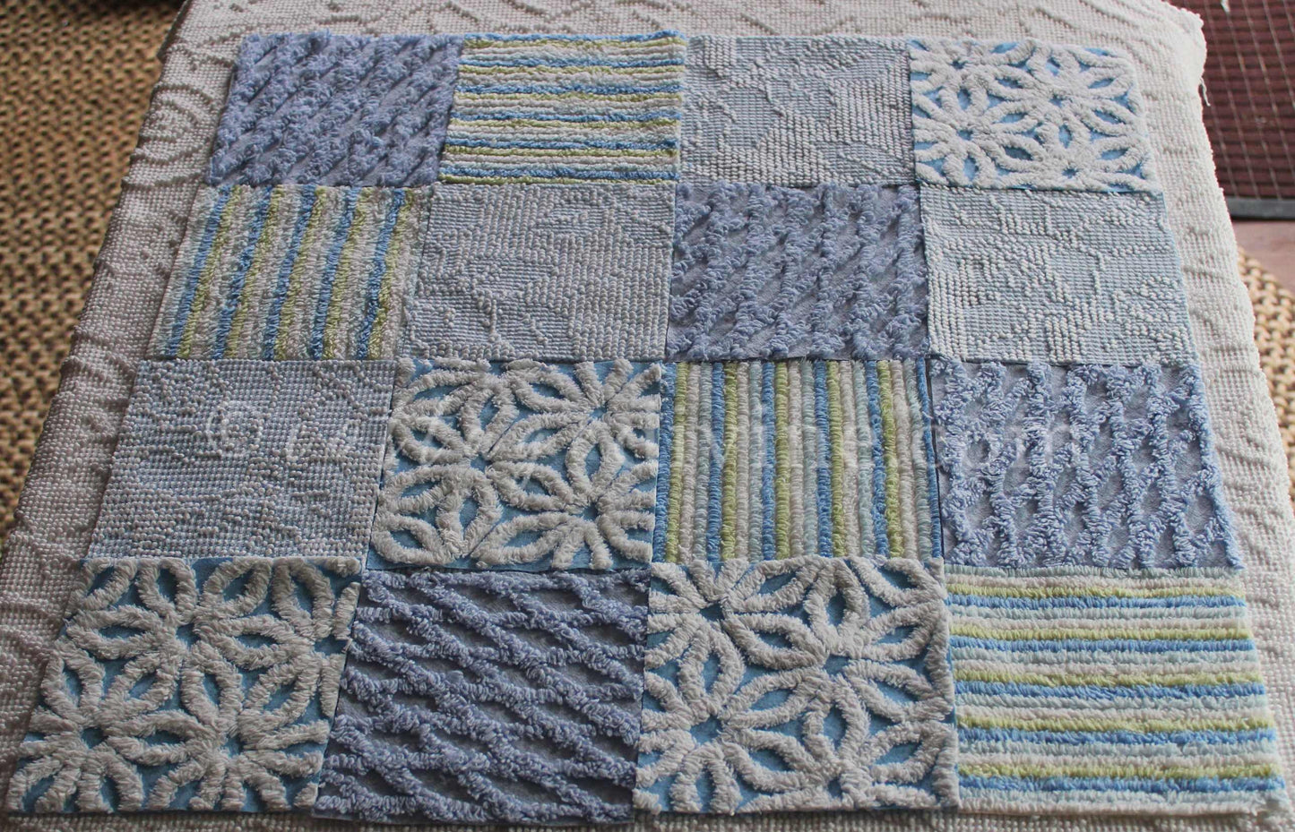 COOL COASTAL Chenille Quilt Squares Set, from Vintage Bedspread Fabric, 16 Blocks, 6" inch