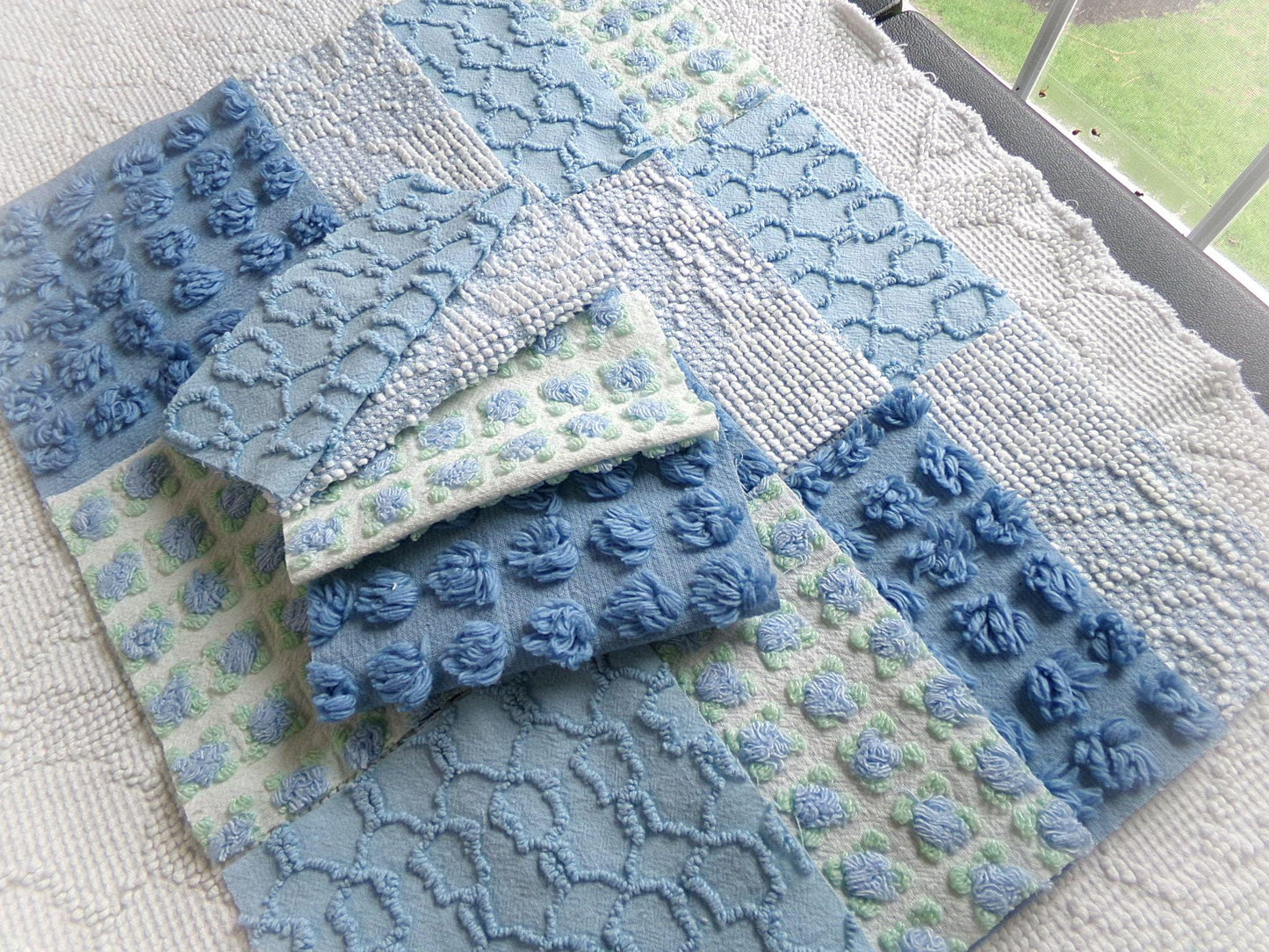 magical moonglow chenille fabric squares, 16 vintage 6" quilt blocks in blue & white, for sewing, crafts, fiber arts