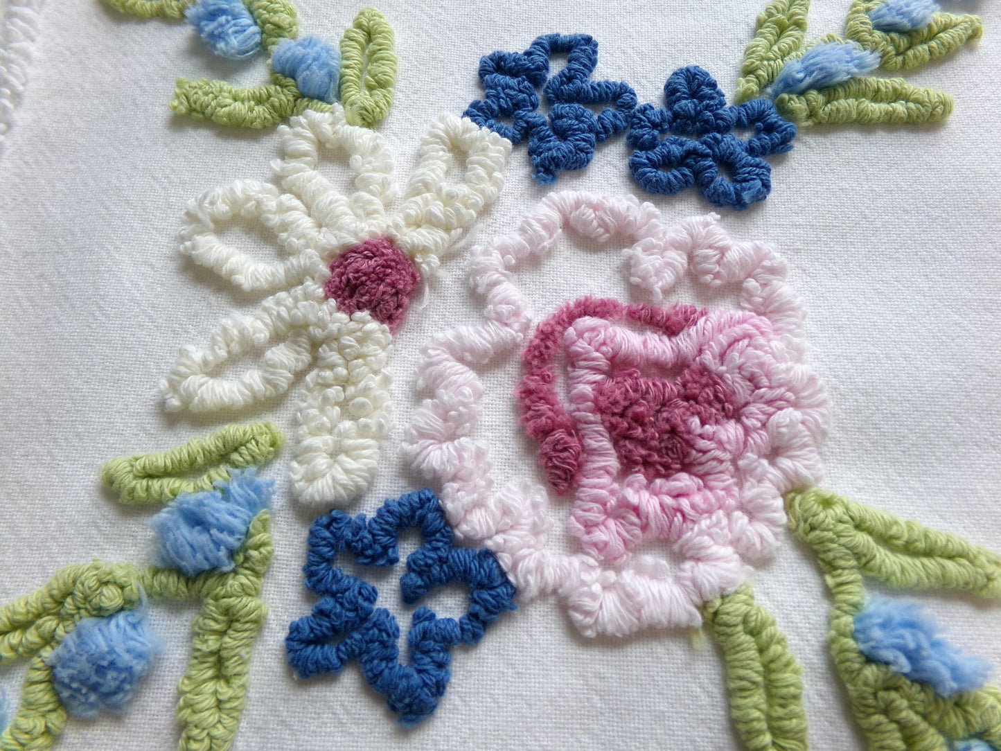 classic shabby style vintage chenille fabric, needletuft florals, blue pops, white cotton material, 22" x 24" piece for sewing, quilting