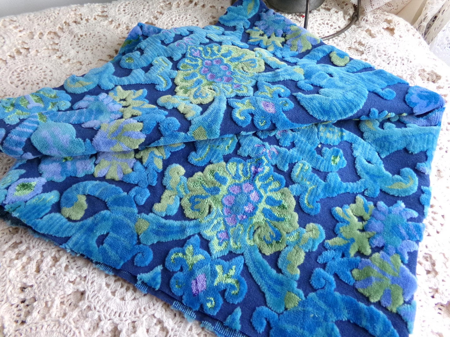 celestial vintage cut velvet fabric, midnight blue mystic Bates tapestry chenille, 18" x 22" inch piece, sewing material for boho bags