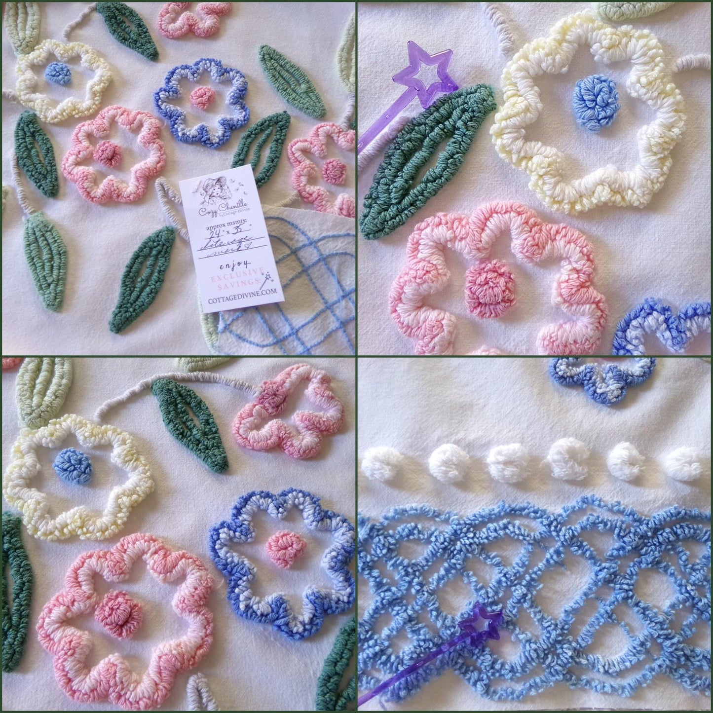 cottage style shabby pink & blue florals vintage chenille fabric, large 24" x 35" inch piece, so pretty for a pillow