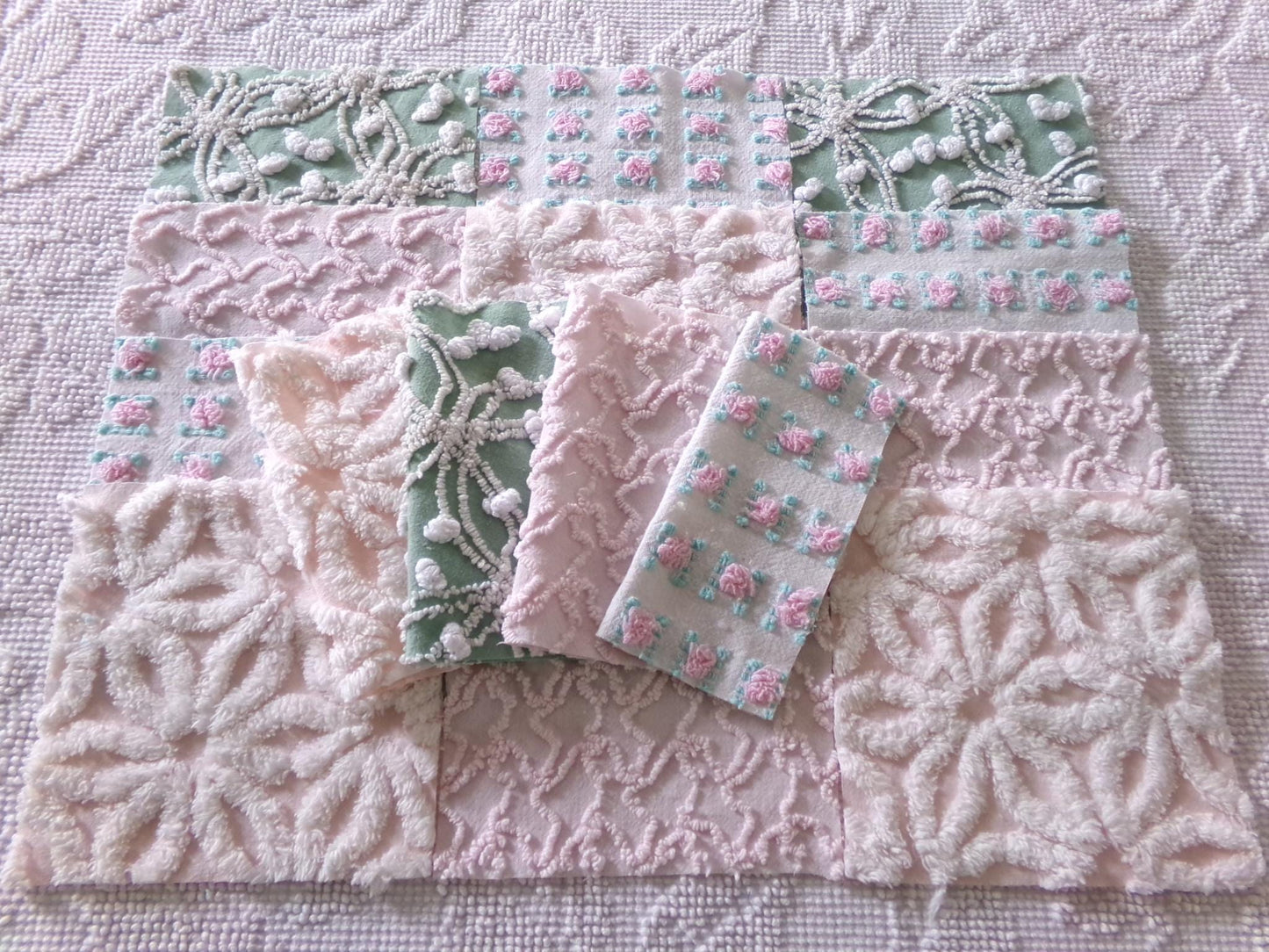 vintage chenille fabric quilt squares, "granny's garden" set of 16 blocks, 6" x 6" inch, pretty in rag quilts & patchwork pillows