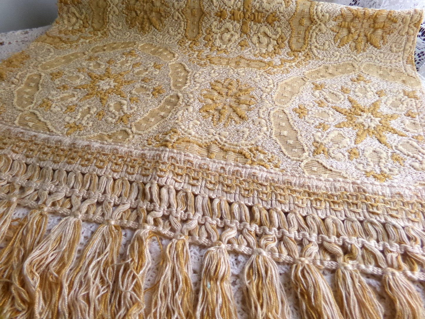 celestial gold matelasse woven tapestry fabric, silky shimmer fringe, 18" x 23" inch piece of vintage luxury sewing material
