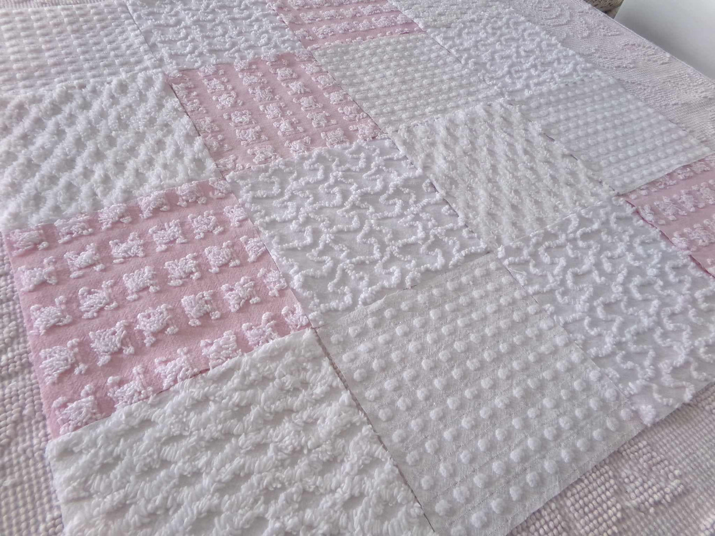 angel feathers chenille fabric squares, pink & white rosebud, lattice, dots, squiggles, vintage square set of 16 quilt blocks, 6" x 6" inch