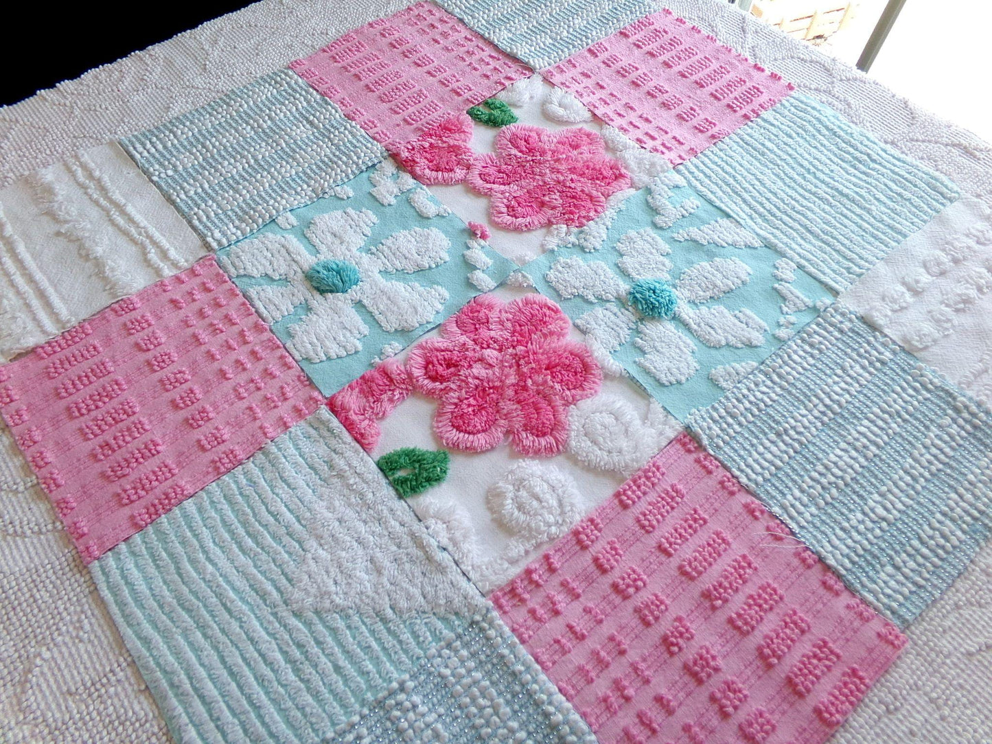 spring waltz vintage 6" chenille squares, set of 16 pink & aqua quilt blocks rotary cut from vintage chenille bedspread fabrics