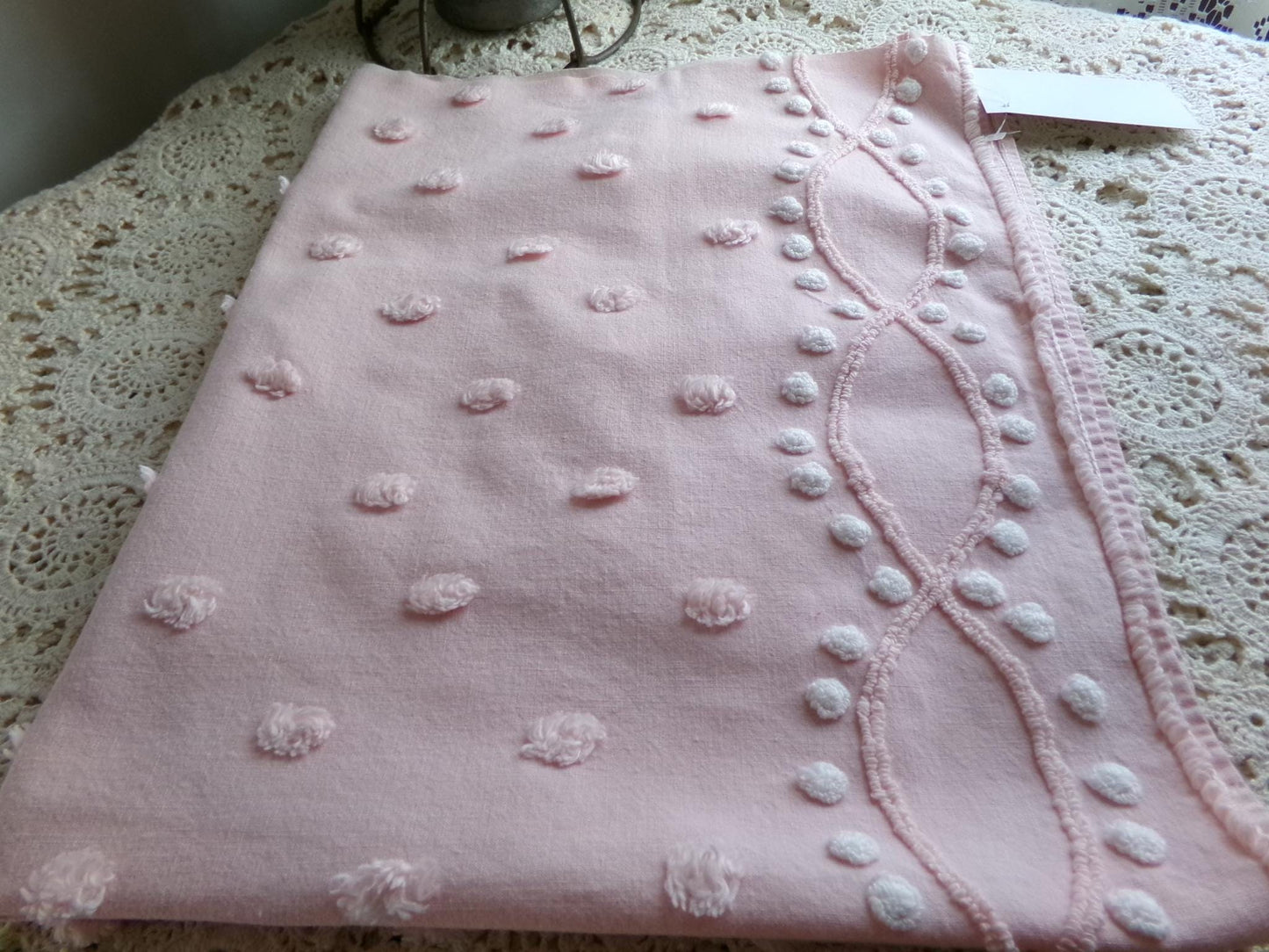 petal pink feminine chenille fabric, vintage sewing material with wideset pops & infinity link accents, lightweight 20" x 27" inch piece