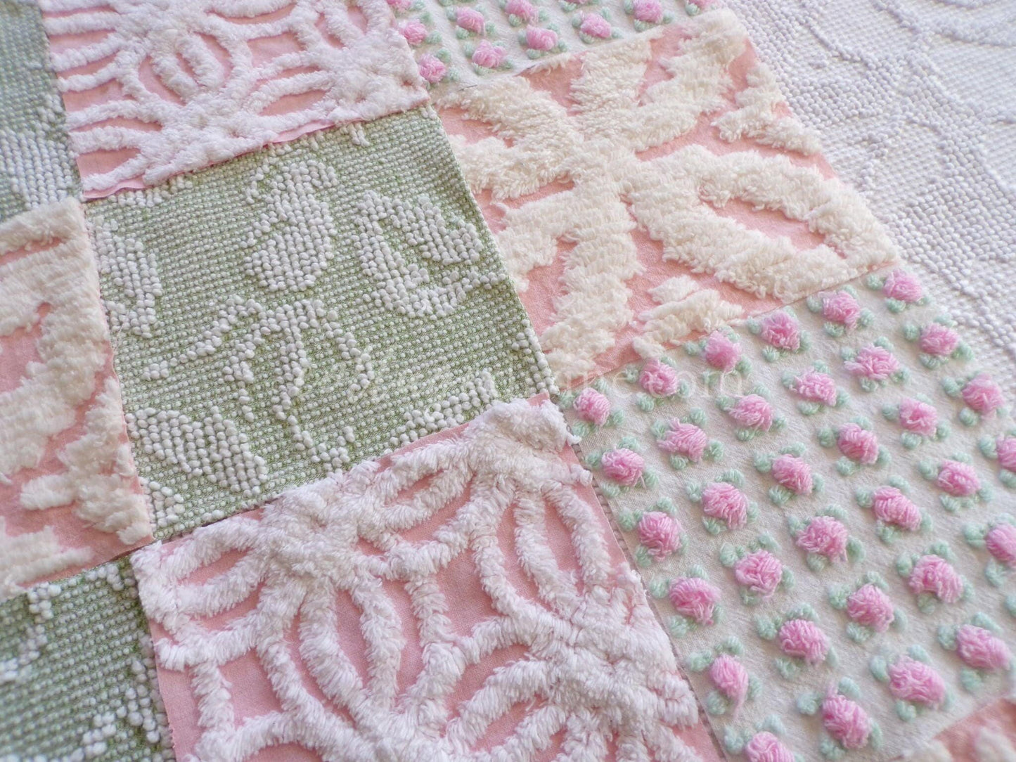 vintage 6" chenille fabric squares, set of 16 quilt blocks in rose bloom pink, sage green & white geometric and floral prints