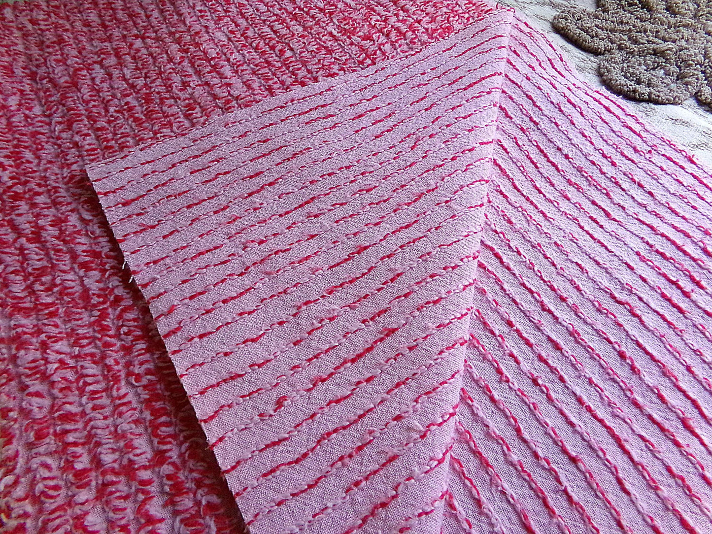 Peppered Red & White Skinny Stripes Fabric from Vintage Chenille Bedspread, 12" x 18" inch Piece, Fun and Festive
