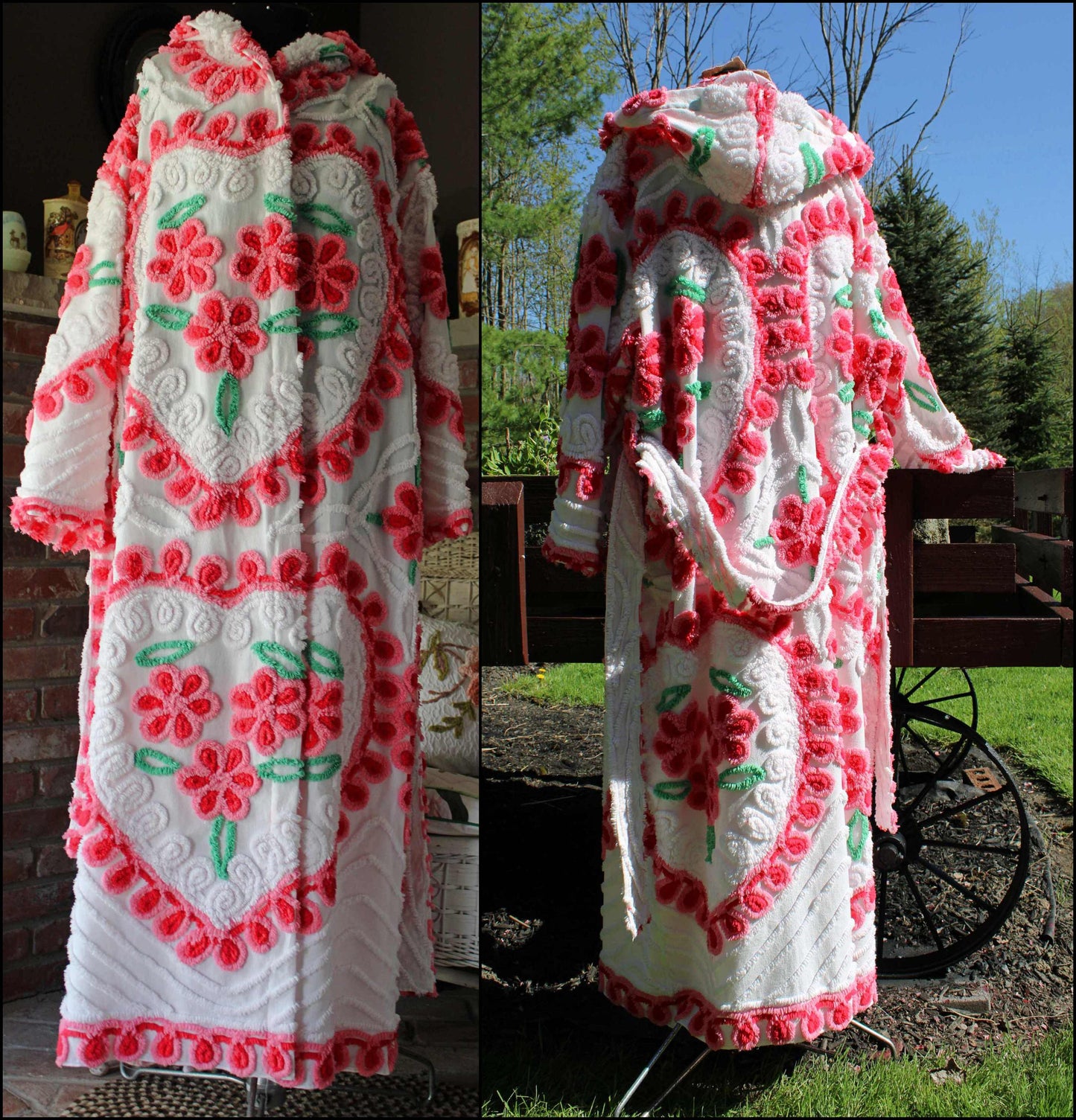 Hooded Chenille Robe in Pink Hearts & Flowers, Cozy Cute Medium / Large Hooded Vintage Style Women's Bathrobe