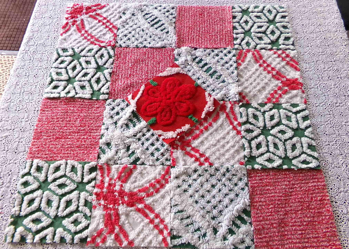Christmas Chenille Quilt Squares, Set of 17 Festive Red, White & Green 6" Cotton Quilt Blocks, ideal for holiday crafts, quilting and sewing